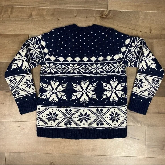 Lands End Women’s Size L (14-16) Wool Blend Sweater Snowflake Nordic Navy White - Picture 3 of 15